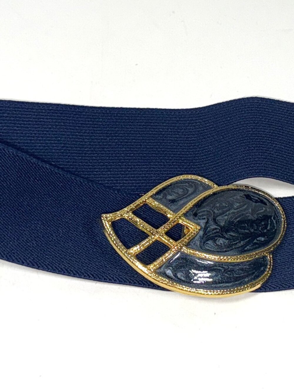 VTG Day-Lor Enamel Belt Navy Blue Gold Tone Buckle Stretch Elastic 80's USA 29"